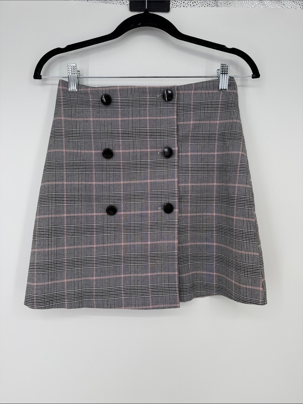 ASOS Plaid Double-Breasted A-Line High Waist  Skirt in Gray with Pink size 4